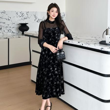 FA46640# 秋冬烫金吊带丝绒拼接网纱复古气质大码连衣裙两件套