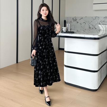 FA46640# 秋冬烫金吊带丝绒拼接网纱复古气质大码连衣裙两件套