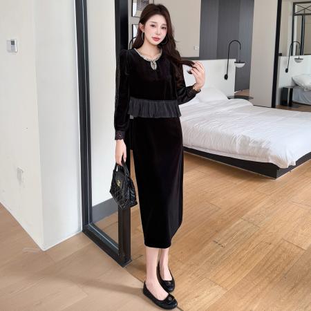 FA46642# 秋冬蕾丝拼接优雅遮肉假两件丝绒气质大码连衣裙