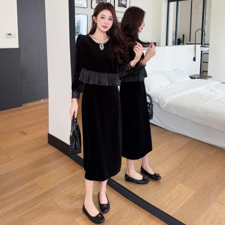 FA46642# 秋冬蕾丝拼接优雅遮肉假两件丝绒气质大码连衣裙