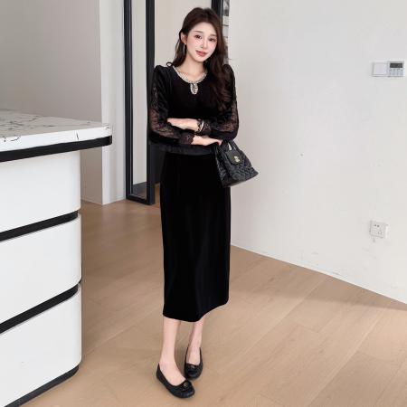 FA46642# 秋冬蕾丝拼接优雅遮肉假两件丝绒气质大码连衣裙