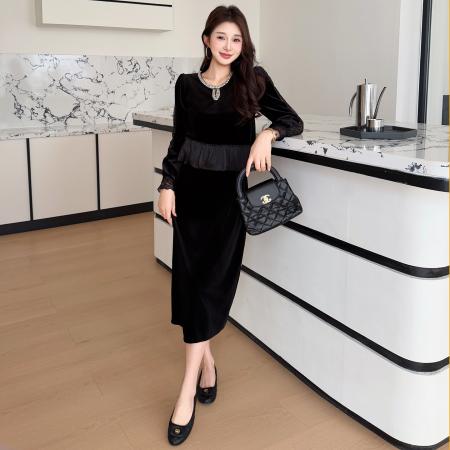 FA46642# 秋冬蕾丝拼接优雅遮肉假两件丝绒气质大码连衣裙