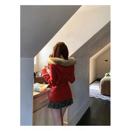 FA46644# 下蛋喵圣诞派对古早氛围感羊毛连帽绞花针织毛衣外套