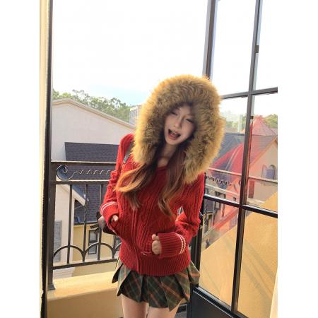 FA46644# 下蛋喵圣诞派对古早氛围感羊毛连帽绞花针织毛衣外套