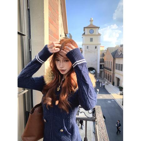 FA46644# 下蛋喵圣诞派对古早氛围感羊毛连帽绞花针织毛衣外套