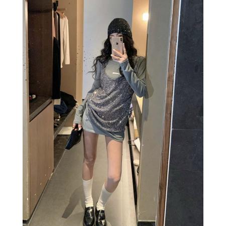 FA46646# 春季新款奢感重工亮片拼接假两件宽松T恤上衣