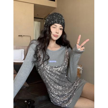 FA46646# 春季新款奢感重工亮片拼接假两件宽松T恤上衣