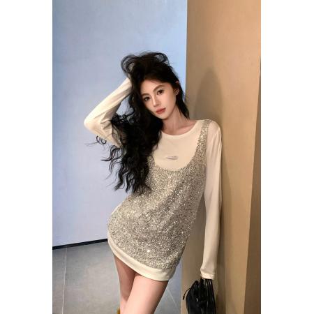 FA46646# 春季新款奢感重工亮片拼接假两件宽松T恤上衣