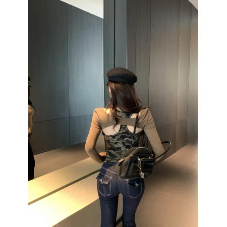 FA46647# 秋冬辣妹风迷彩吊带拼接假两件长袖T恤女内搭显瘦打底衫