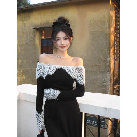 FA46648# 秋冬法式复古赫本风性感一字领露肩蕾丝花边内搭打底衫