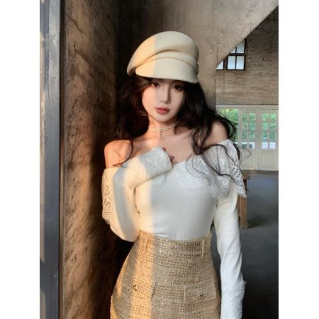 FA46648# 秋冬法式复古赫本风性感一字领露肩蕾丝花边内搭打底衫