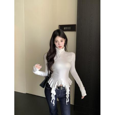 FA46650# 冬季甜美纯欲辣妹风荷叶边不规则飘带高领内搭显瘦打底衫