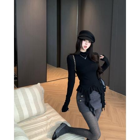 FA46650# 冬季甜美纯欲辣妹风荷叶边不规则飘带高领内搭显瘦打底衫