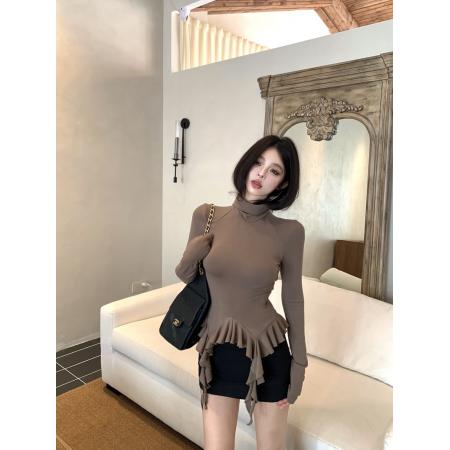 FA46650# 冬季甜美纯欲辣妹风荷叶边不规则飘带高领内搭显瘦打底衫