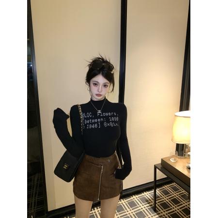 FA46651# 冬季辣妹风字母印花修身弹力羊绒蛋白保暖内搭长袖打底衫