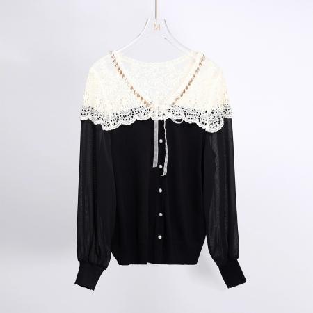 FA46652# 气质蕾丝拼接衫新款时尚重工镶钻镂空v领上衣