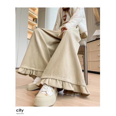 FA46653# 灯芯绒美拉德咖色松紧腰木耳边