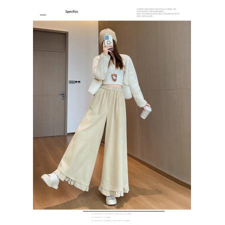 FA46653# 灯芯绒美拉德咖色松紧腰木耳边