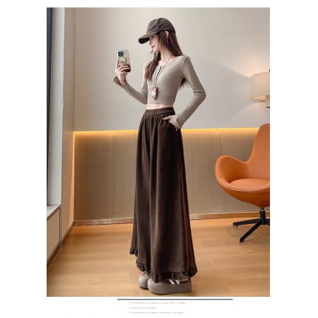 FA46653# 灯芯绒美拉德咖色松紧腰木耳边