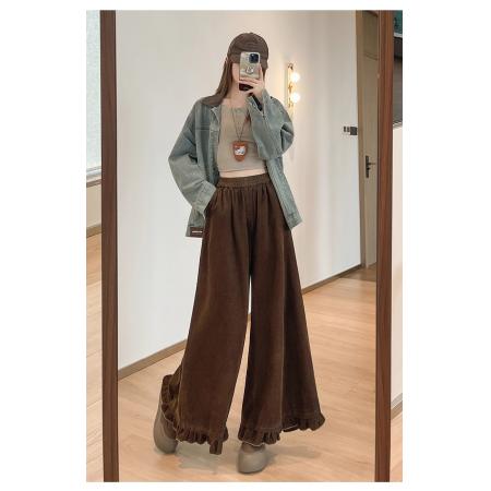 FA46653# 灯芯绒美拉德咖色松紧腰木耳边