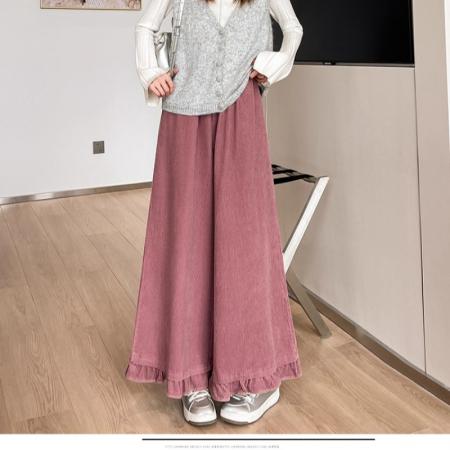 FA46653# 灯芯绒美拉德咖色松紧腰木耳边