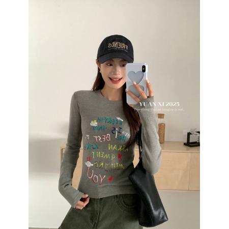 FA46655# 冬上新韩版卡通涂鸦印花加绒长袖打底衫