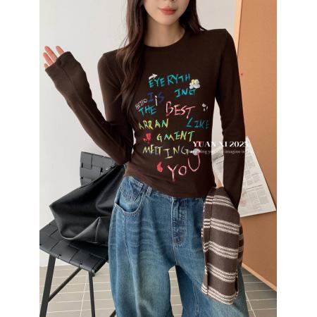 FA46655# 冬上新韩版卡通涂鸦印花加绒长袖打底衫