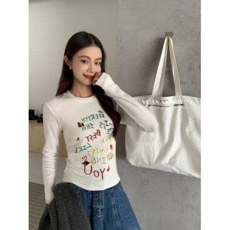 FA46655# 冬上新韩版卡通涂鸦印花加绒长袖打底衫