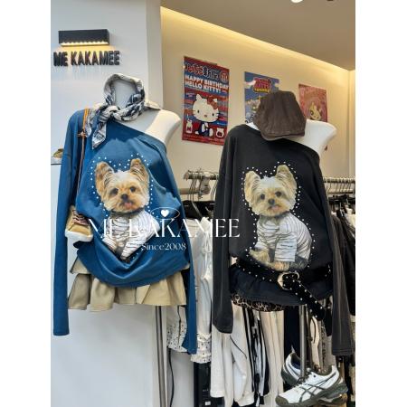 FA46656# 新品美式趣味小狗喷画水洗斜肩长袖T恤