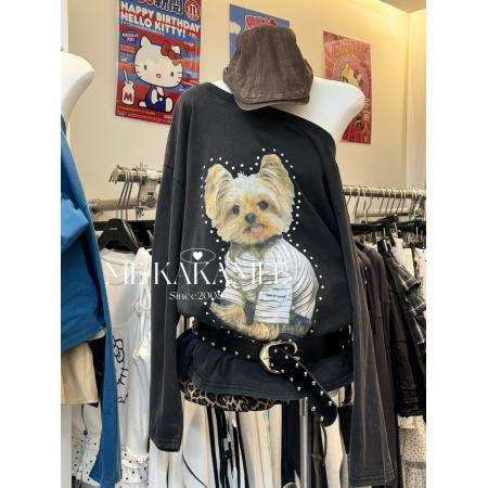 FA46656# 新品美式趣味小狗喷画水洗斜肩长袖T恤