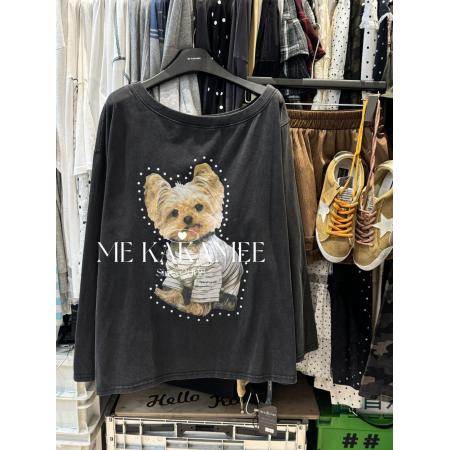 FA46656# 新品美式趣味小狗喷画水洗斜肩长袖T恤