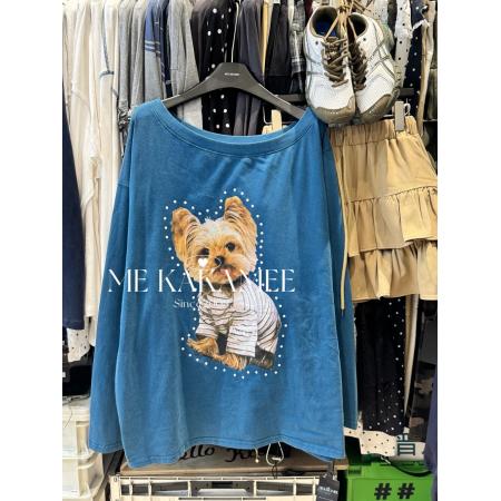 FA46656# 新品美式趣味小狗喷画水洗斜肩长袖T恤