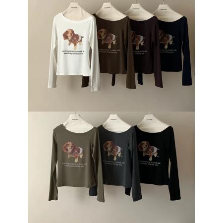 FA46657# 韩版斜领狗狗印花修身长袖T恤