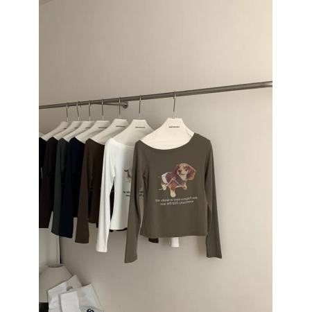 FA46657# 韩版斜领狗狗印花修身长袖T恤