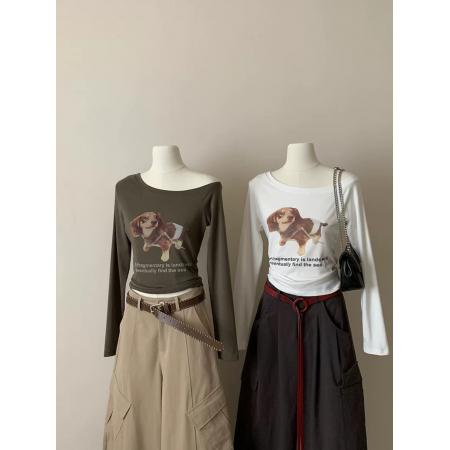 FA46657# 韩版斜领狗狗印花修身长袖T恤