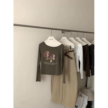 FA46657# 韩版斜领狗狗印花修身长袖T恤