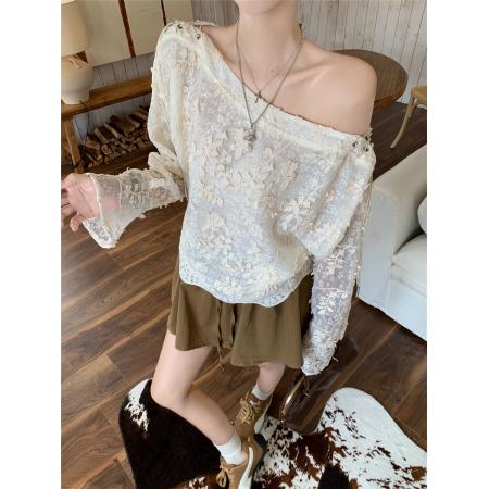 FA46658# 复古重工露肩刺绣长袖蕾丝衫秋季新款设计感小众斜肩打底上衣