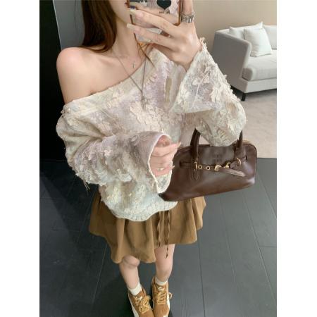 FA46658# 复古重工露肩刺绣长袖蕾丝衫秋季新款设计感小众斜肩打底上衣