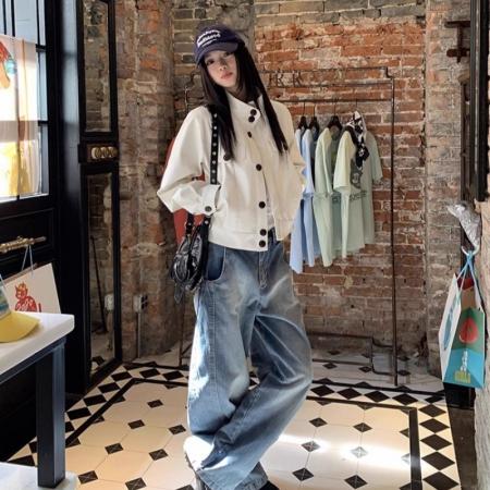 FA46665# 美式复古工装单排扣撞色立领外套女秋季新款百搭宽松休闲夹克潮 服裝批發女裝批發服飾貨源