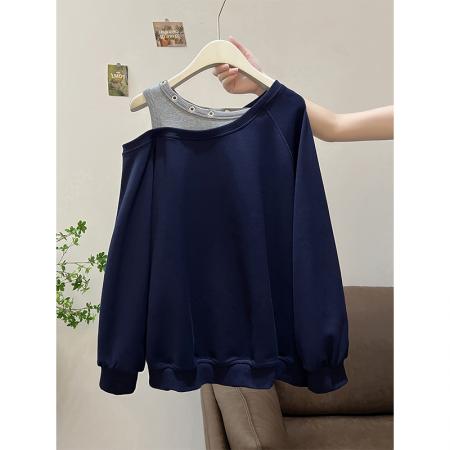 FA46678# 原版质量特大码300斤假两件斜肩露肩卫衣女秋季款上衣 服裝批發女裝批發服飾貨源