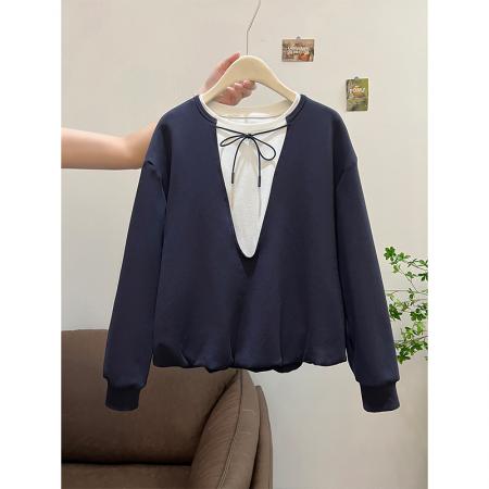 FA46679# 原版质量特大码300斤假两件撞色卫衣女春秋季薄款上衣 服裝批發女裝批發服飾貨源