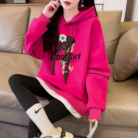 FA46681# 仿华棉复合银狐绒/后包领/假两件加绒连帽卫衣女 服裝批發女裝批發服飾貨源