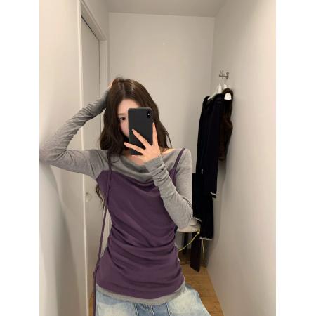 FA46688# 牙套大汪紫霞仙子秋冬灰拼紫长袖t恤女修身假两件毛织打底衫 服裝批發女裝批發服飾貨源