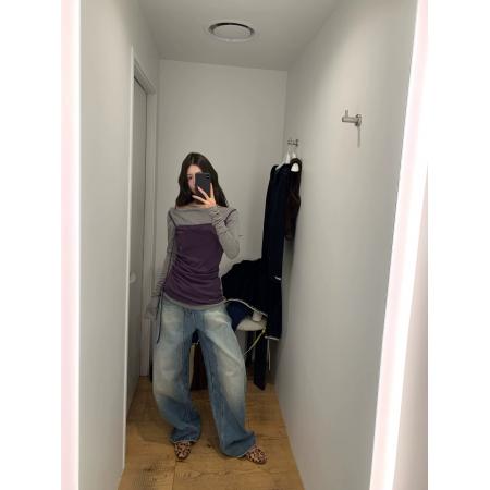 FA46688# 牙套大汪紫霞仙子秋冬灰拼紫长袖t恤女修身假两件毛织打底衫 服裝批發女裝批發服飾貨源