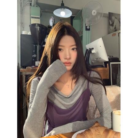 FA46688# 牙套大汪紫霞仙子秋冬灰拼紫长袖t恤女修身假两件毛织打底衫 服裝批發女裝批發服飾貨源