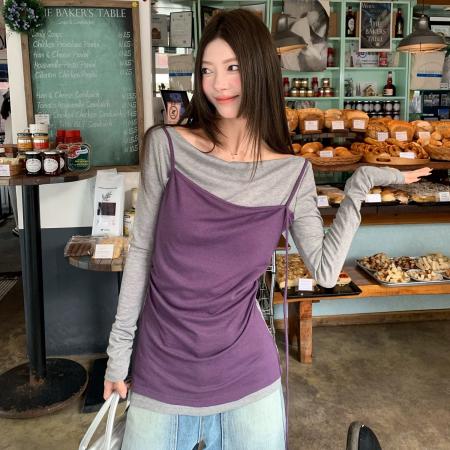 FA46688# 牙套大汪紫霞仙子秋冬灰拼紫长袖t恤女修身假两件毛织打底衫 服裝批發女裝批發服飾貨源