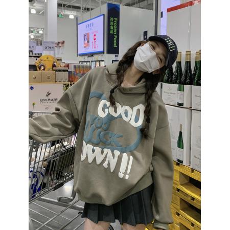 FA46706# 秋冬新款美式复古加绒连帽卫衣女慵懒风宽松潮外套上衣 服裝批發女裝批發服飾貨源