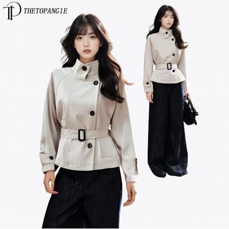 FA46742# 复古长袖立领短款风衣女秋季新款高级感气质显瘦收腰外套上衣 服裝批發女裝批發服飾貨源