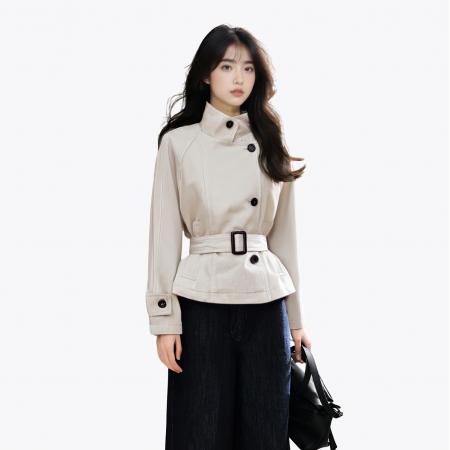 FA46742# 复古长袖立领短款风衣女秋季新款高级感气质显瘦收腰外套上衣 服裝批發女裝批發服飾貨源