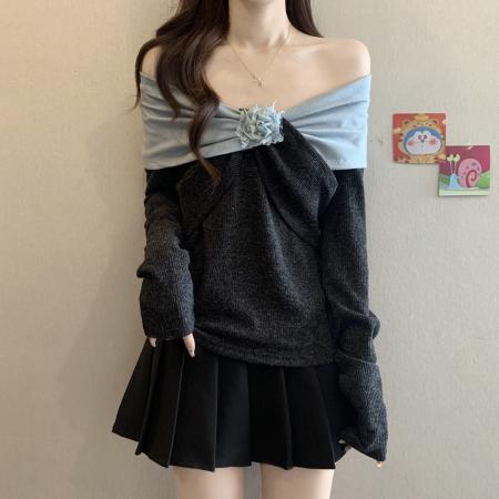 FA46744# 胖MM秋季新款设计感撞色拼接扭结手工花朵收腰显瘦打底衫 服裝批發女裝批發服飾貨源